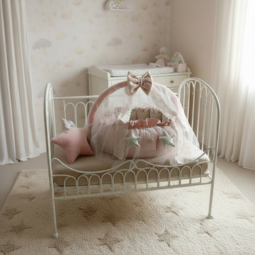 Premium Velvet Baby Round Cot With Star Pillow & mosquito Net- Pink