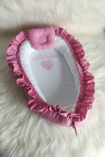 Frilly Cotton Baby Nest with Pillow- Pink Princess 🩷
