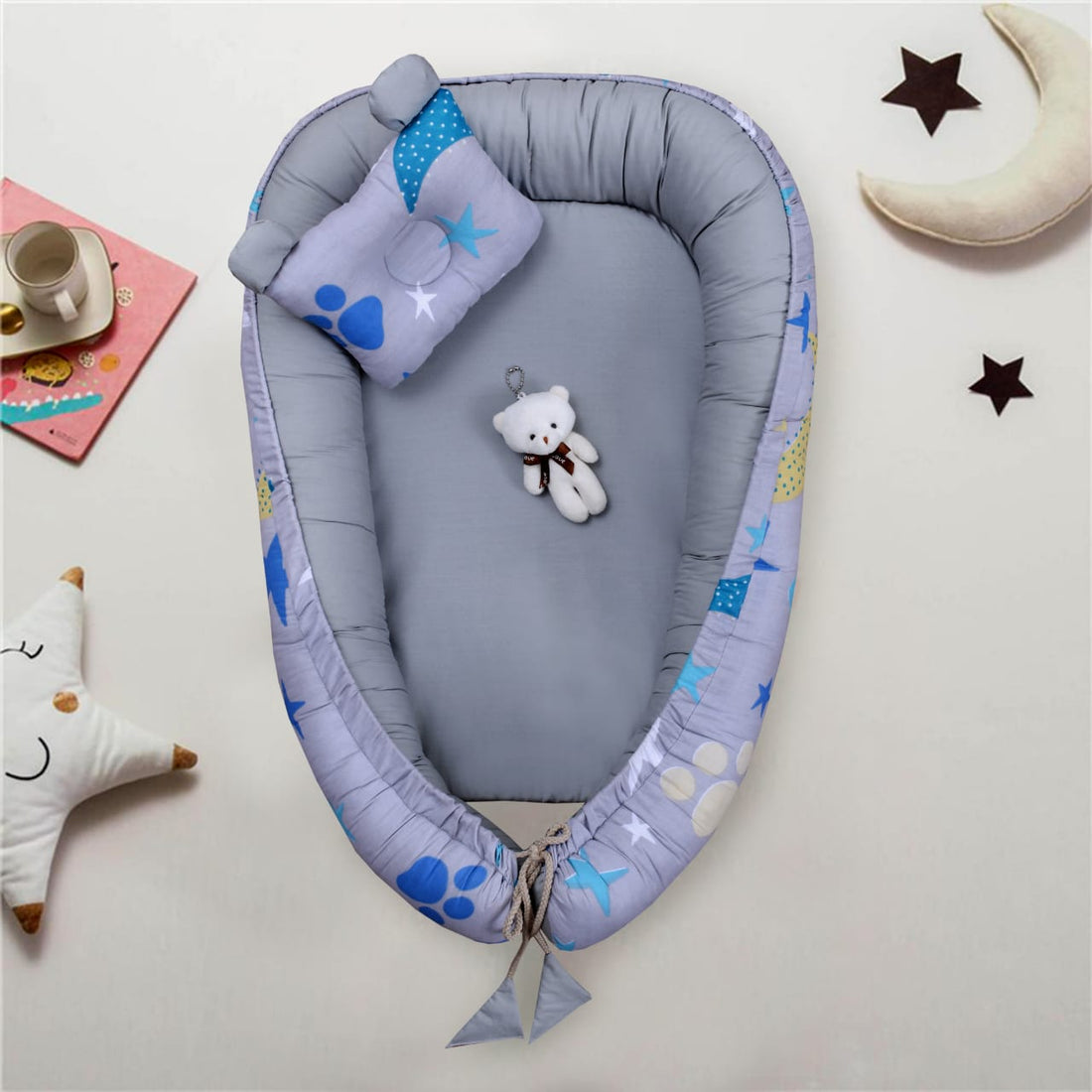 Printed Baby Nest with Head Pillow-Moon & Star