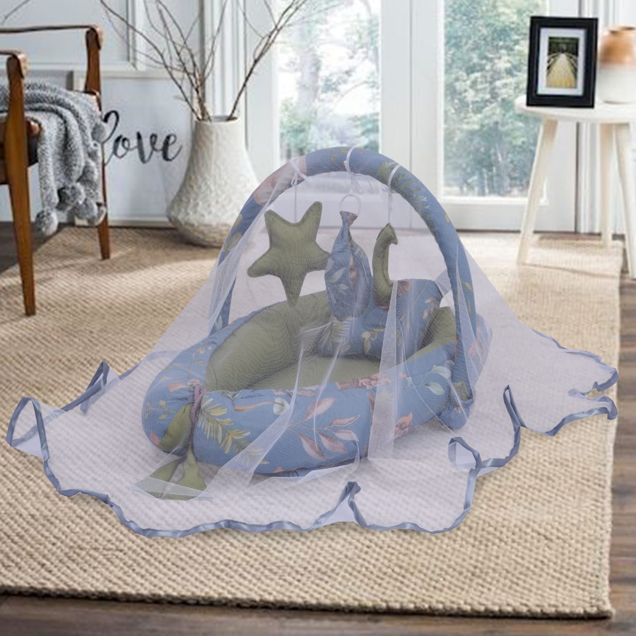 Printed Cotton Baby Snuggle set with Mosquito Net-Olive Deer