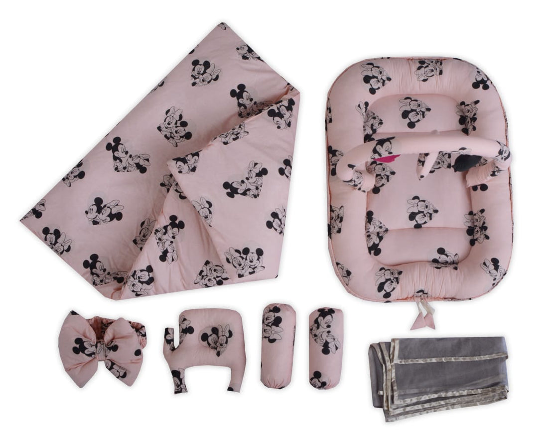 Micky Mouse Printed Baby Bed Set-7 Pcs- Peach
