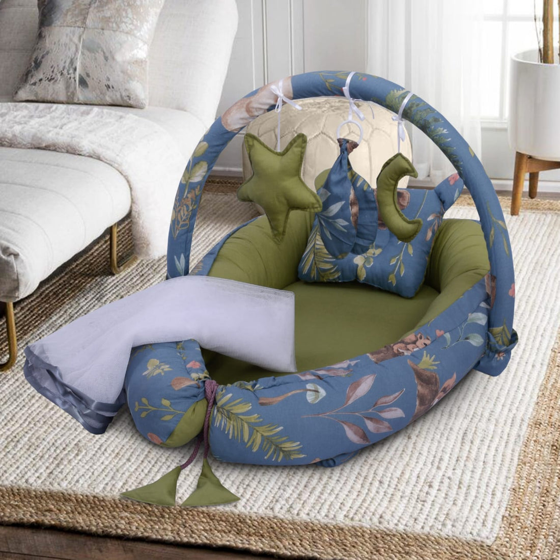 Printed Cotton Baby Snuggle set with Mosquito Net-Olive Deer