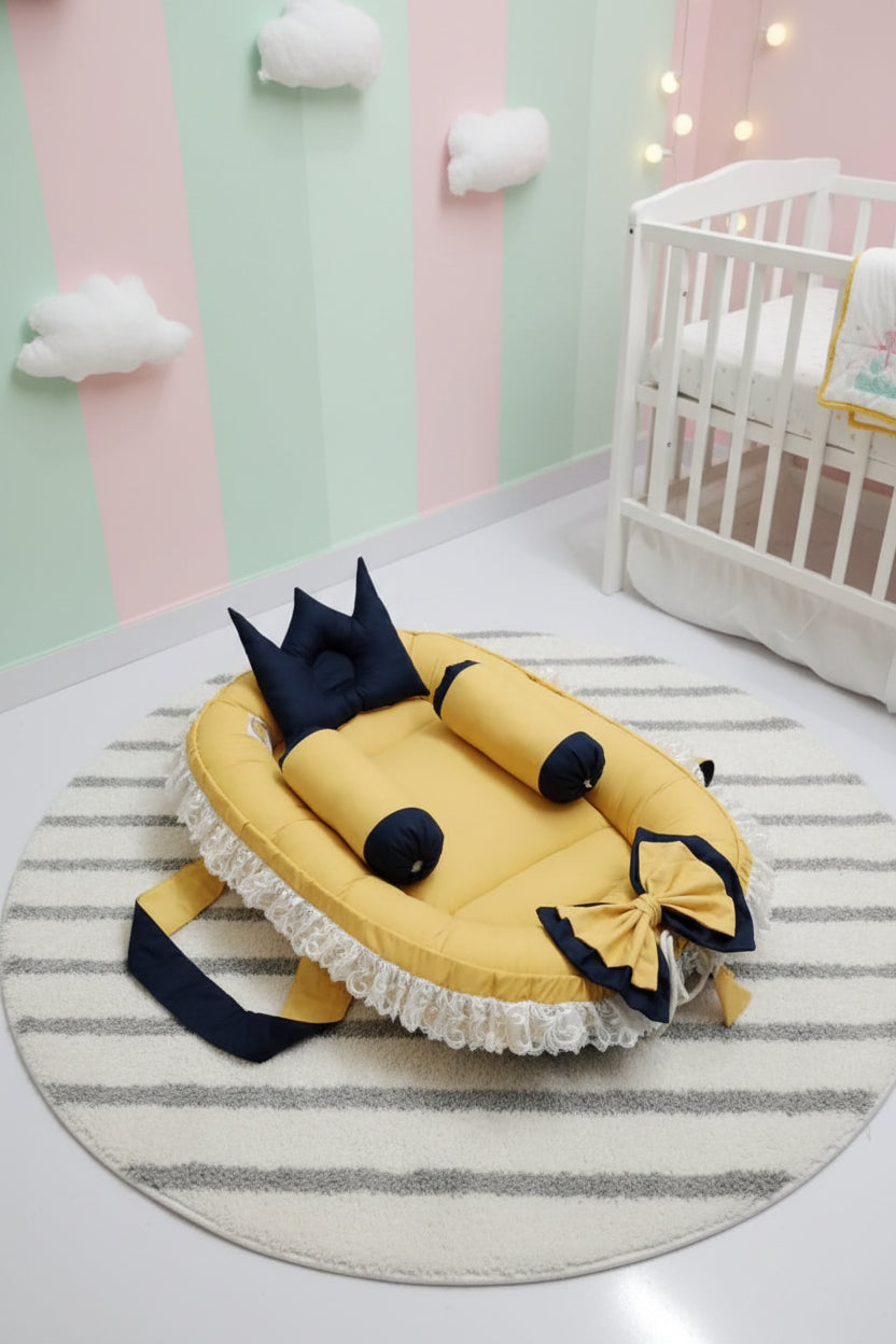 Frilly Cotton Baby Nest- 4 Pcs-Navy Blue