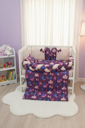 Printed Cotton Baby Cot Set- 7 pcs- Pink Castle