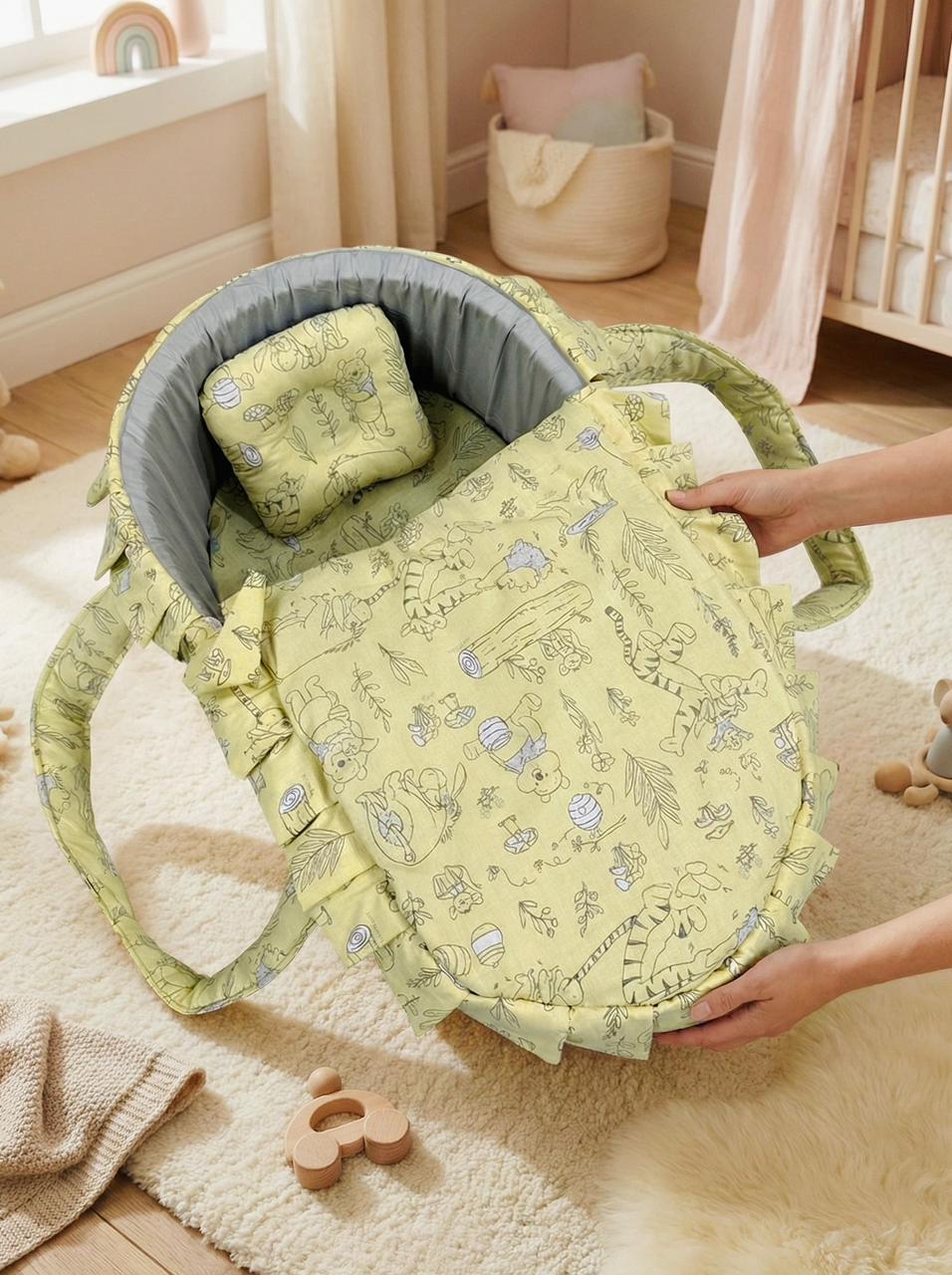 Printed Cotton Baby  Basket with Head Pillow-Gray