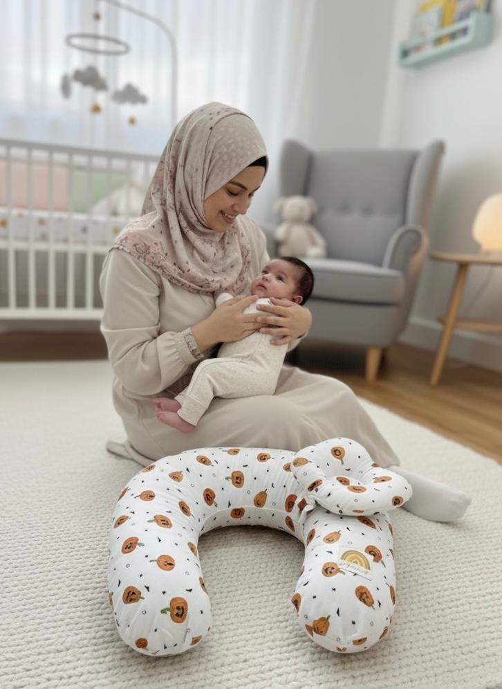 Printed Cotton Baby Nursing Pillow with Removable Cover & Head Pillow- White Pumpkin