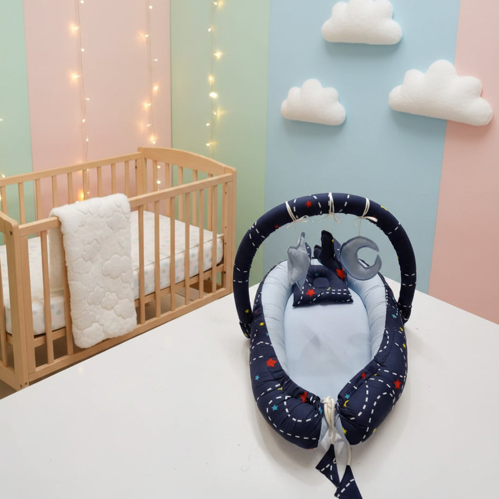 Printed Cotton Baby Snuggle Bed with Head Pillow- Blue