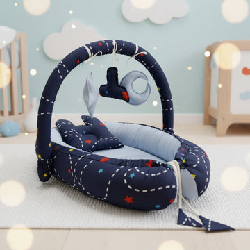 Printed Cotton Baby Snuggle Bed with Head Pillow- Blue