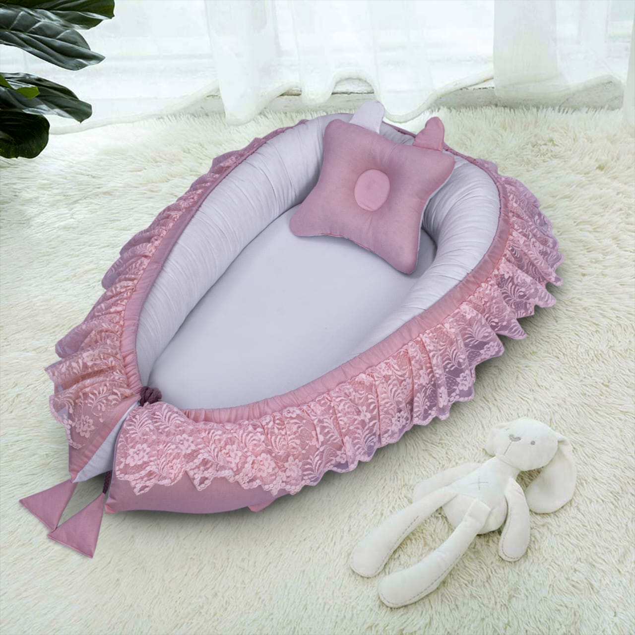 Lacy Baby Nest with Pillow-Pink & White