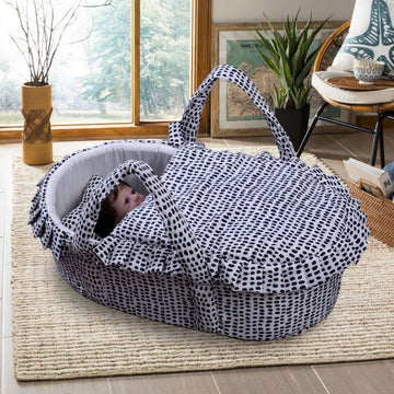 Printed Cotton Baby Basket with Head Pillow- Black Dotted