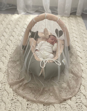 Cotton/ Waffle Baby Snuggle Bed With Pillow and Mosquito Net- Beige