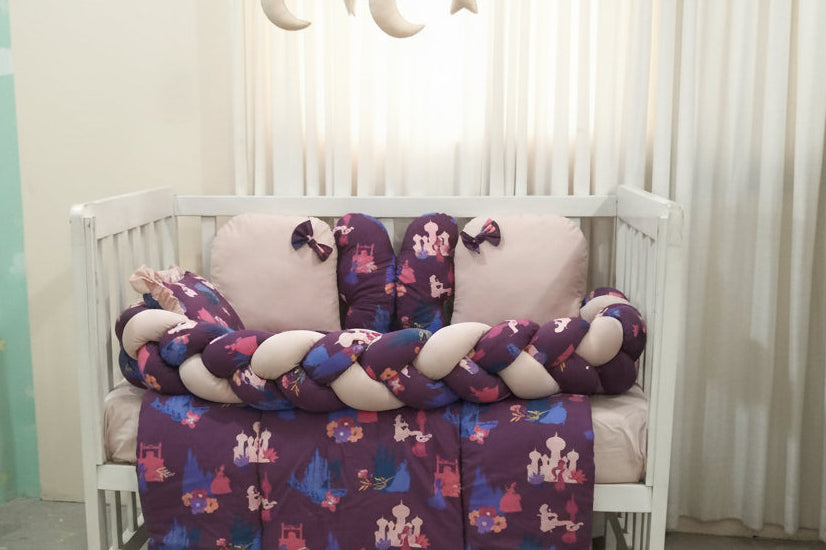 Printed Cotton Baby Cot Set- 7 pcs- Pink Castle