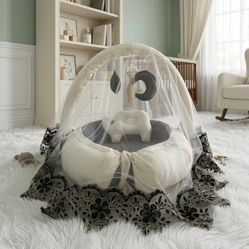 Luxury Cotton Baby Snuggle Bed With Pillow and Mosquito net -Cream
