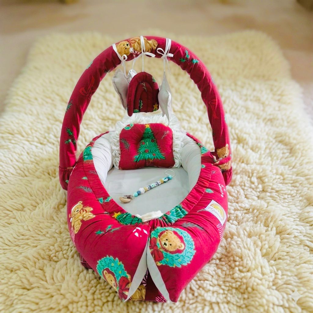 Printed Cotton Baby Snuggle Bed With Pillow and Mosquito net - Beige Teddy 🧸