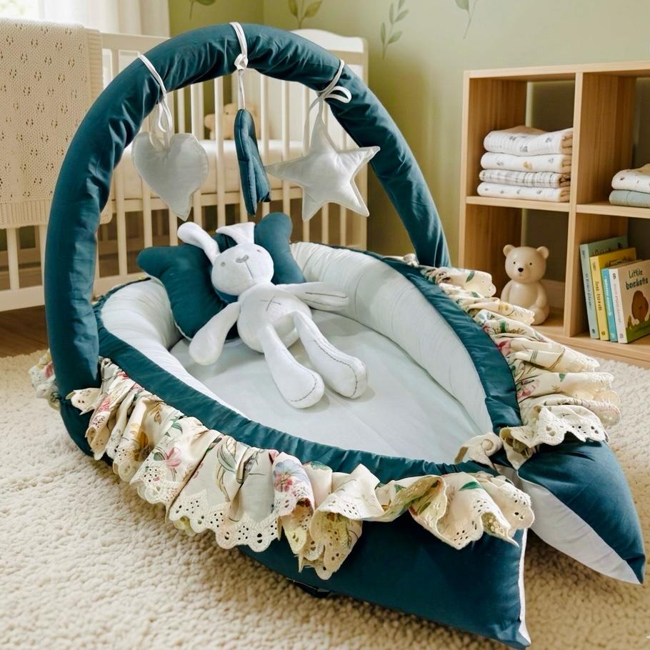 Printed Cotton Baby Snuggle Bed With Pillow-Luxury Green