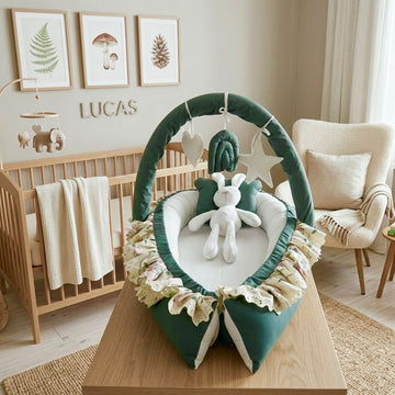Printed Cotton Baby Snuggle Bed With Pillow-Luxury Green